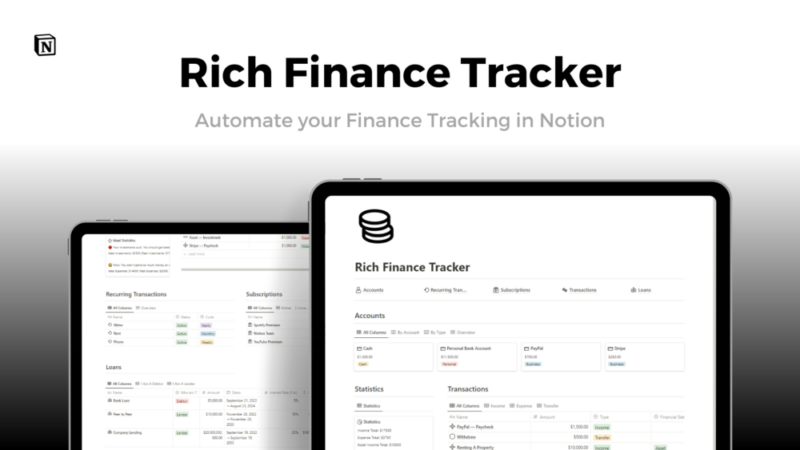 Rich Finance track Notion template by iNotion