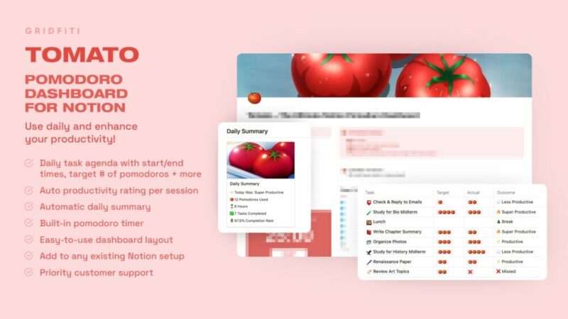 Tomato Pomodoro Notion Dashboard by Gridfiti