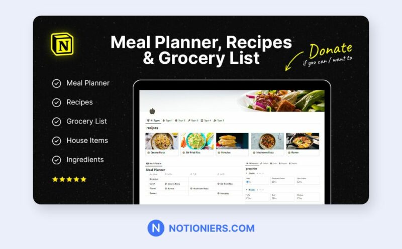 Notion Meal Planners, Recipes & Grocery List Notion Template