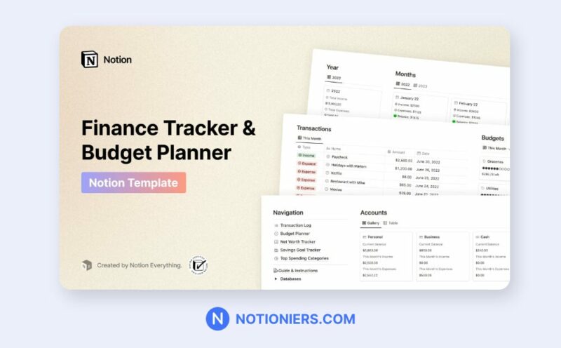 Finance tracker and & Budget track featured image of a Notion template displaying its features