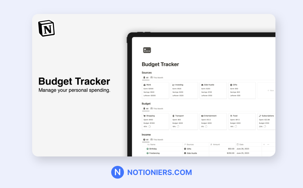 Notion Budget tracker by KinaNotion Featured image with a simple design and helps you manage your finance