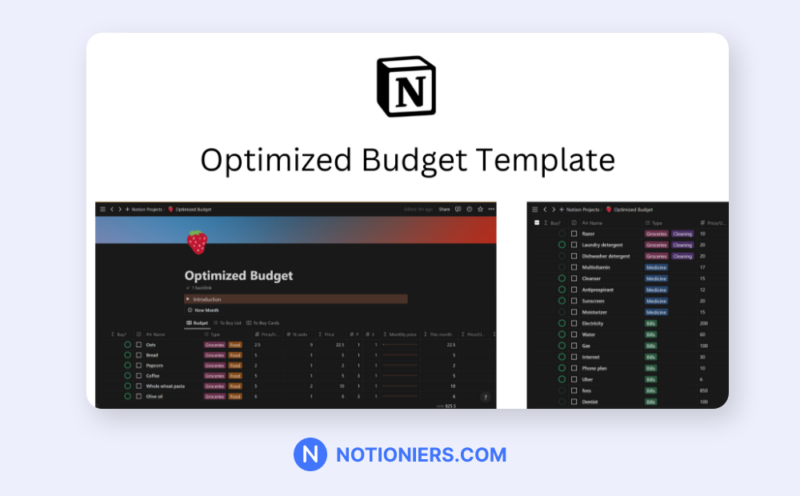 Optimized Budget Notion Template by Mohammad adel with a dark theme and a beautiful design