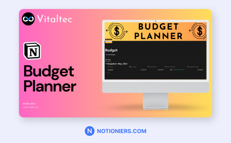 Notion: Budget planner by VItaltec showing a notion template from a iMac 