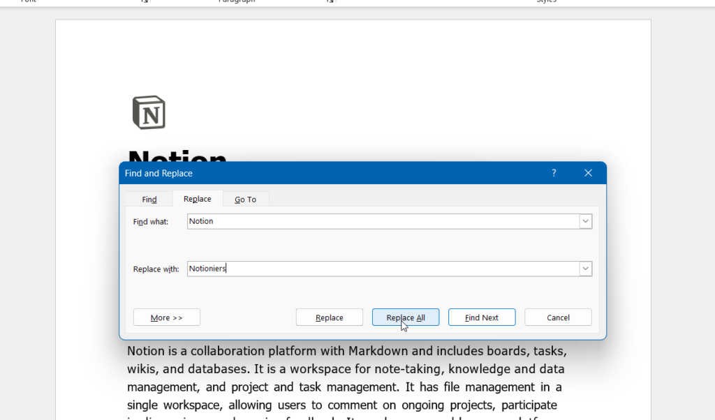 Screenshot showing find and replace feature in Microsoft word