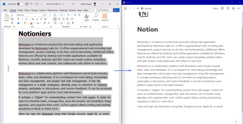 Screenshot showing copying text from Microsoft word to Notion