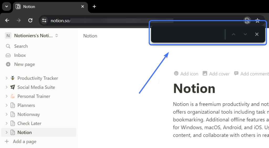 Screenshot of a browser of the find screen in Chrome with a Notion page 
