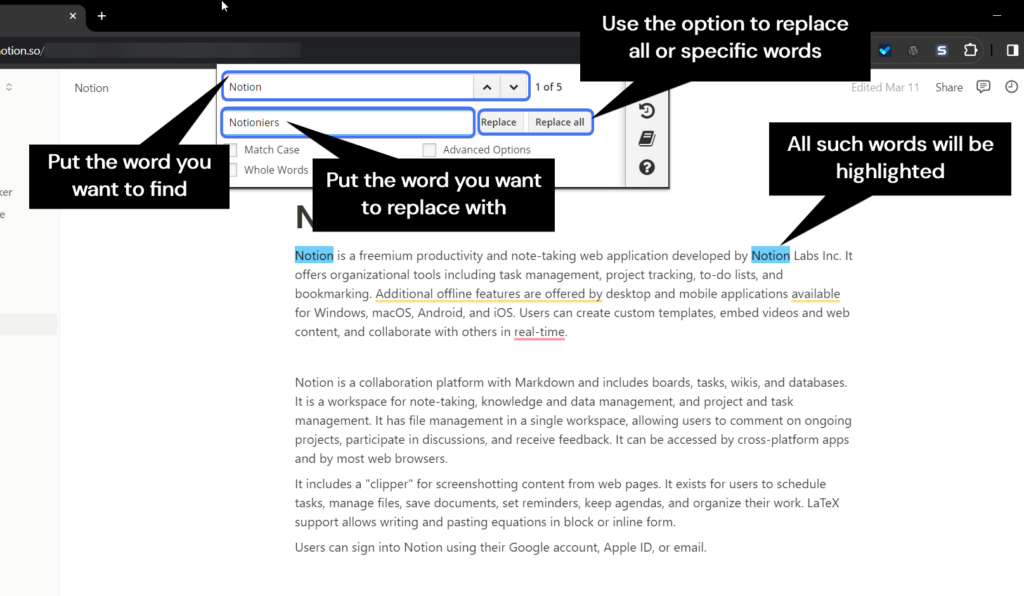 Screenshot of Find and Replace chrome extension explaining how to find and replace in Notion