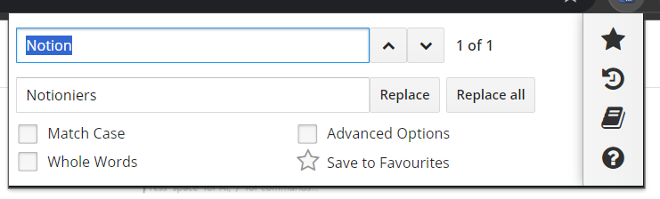 Screenshot of Find and Replace chrome extension replacing words a Notion page