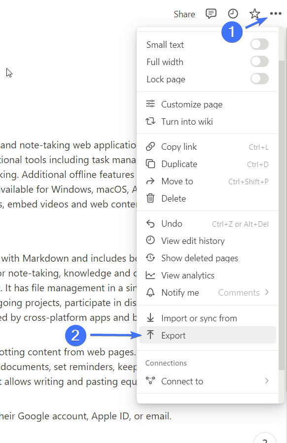 Screenshot showing steps to export a notion page as a PDF using the three dots menu and then clicking on the export button