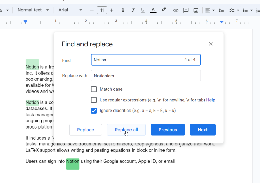 Screenshot showing Find and replace feature in Google docs 