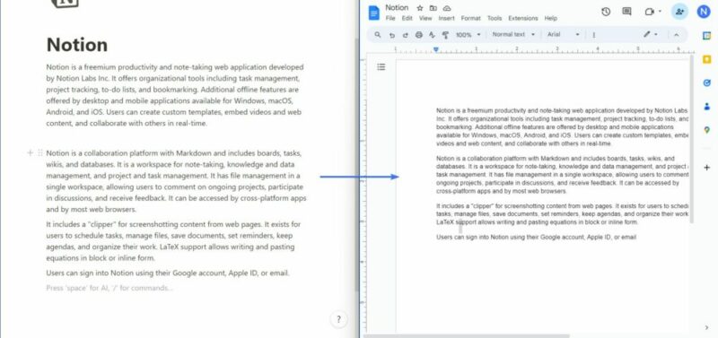 Screenshot showing copying text from Notion to Google Docs 