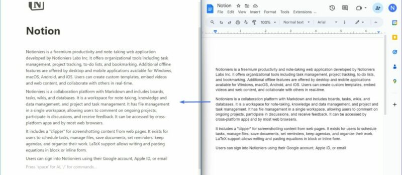 Screenshot showing copying text from google docs to Notion