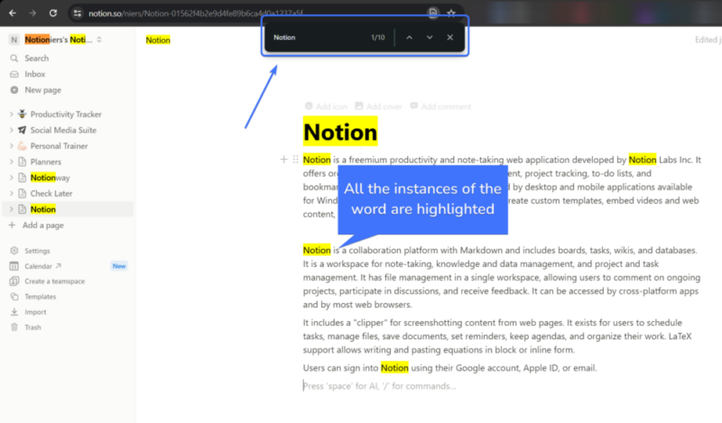 Screenshot of chrome with Notion page showing how to find a word in Notion using chrome's find feature