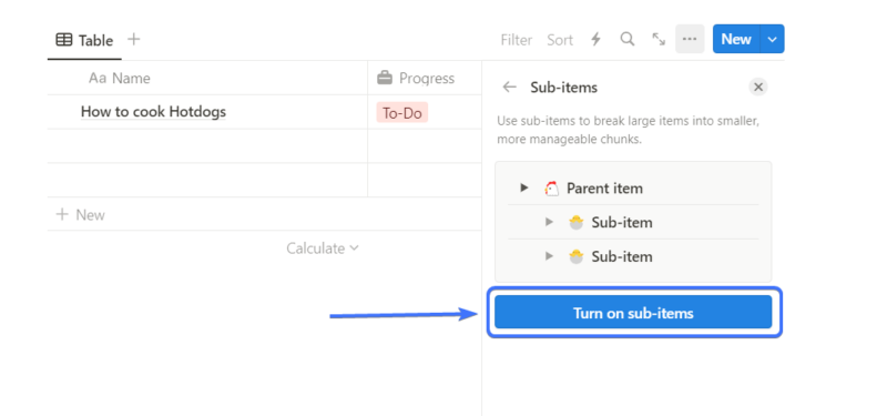 Screenshot of turning on sub-items in Notion
