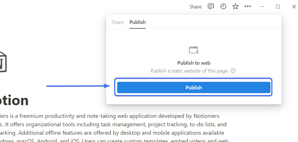 screenshot showing share notion template to the web via link