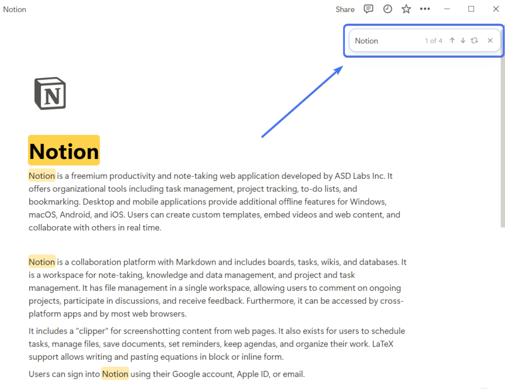 Screenshot showing the find feature in a Notion page in notion desktop app