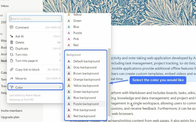 Screenshot showing a Notion's 6-dot menu with a list of background color to choose from