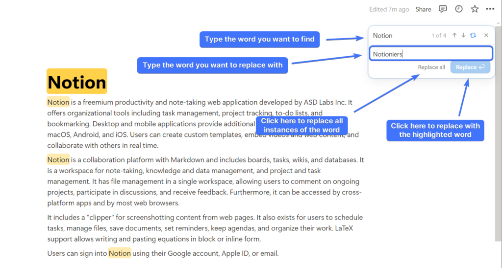 Screenshot showing how to do replace highlighted word, replace all the instances of a word in notion